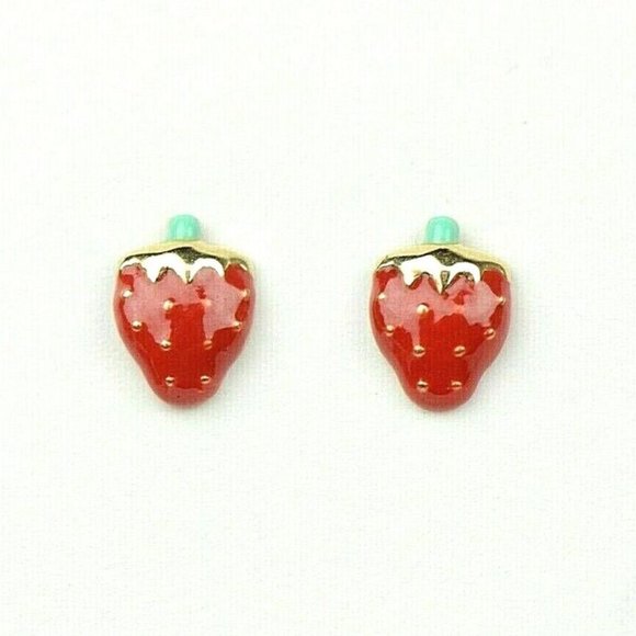 Solid 14k Yellow Gold Red Enamel Strawberry earrings with Screw Back Small